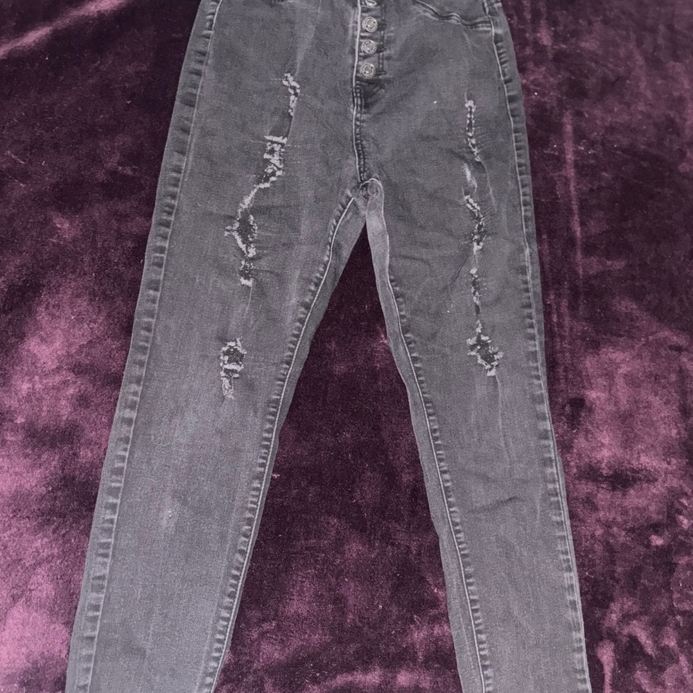 Gray Distressed High-Waisted Jeans